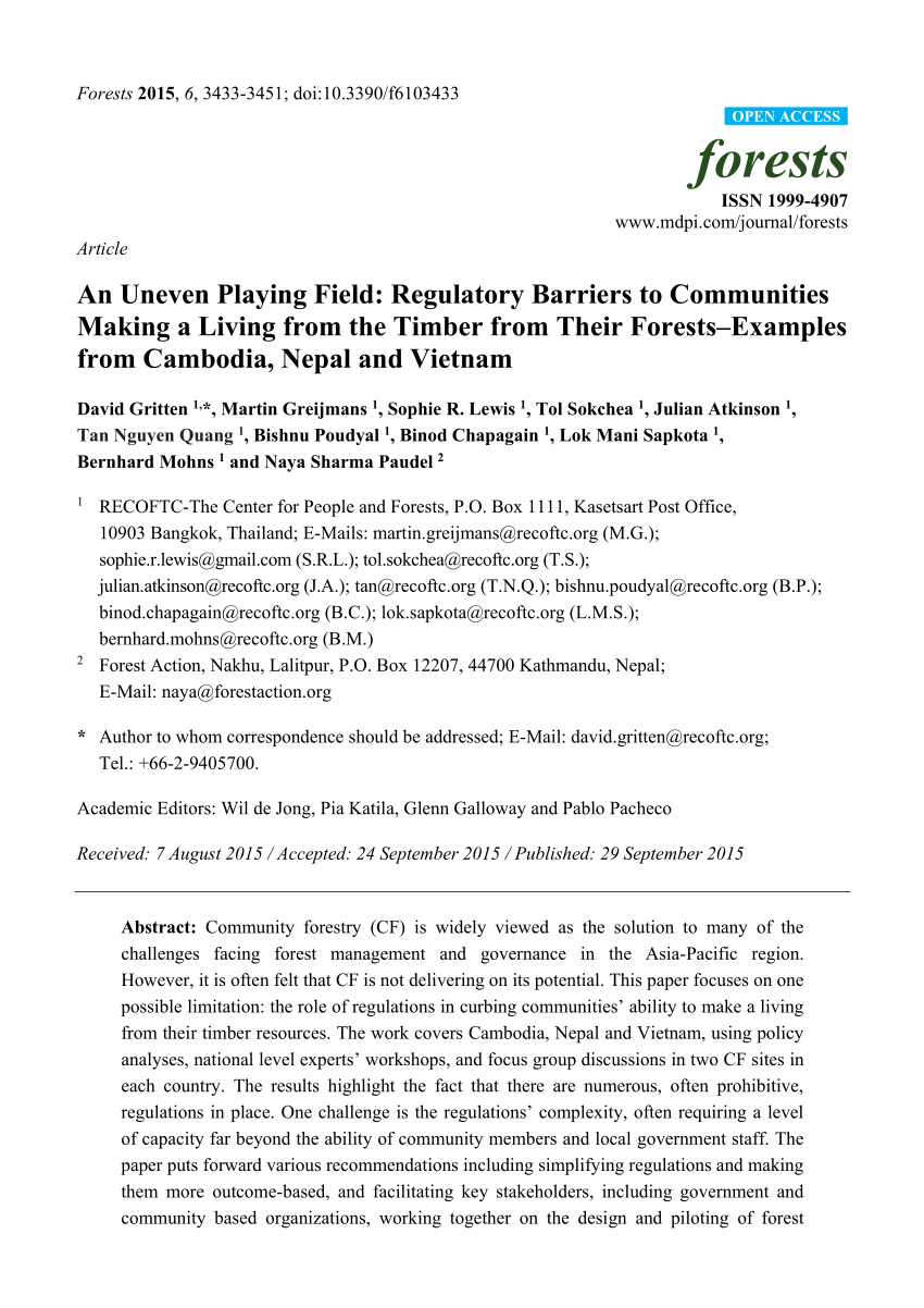 Cover page of Regulatory barriers to communities making a living from timber publication